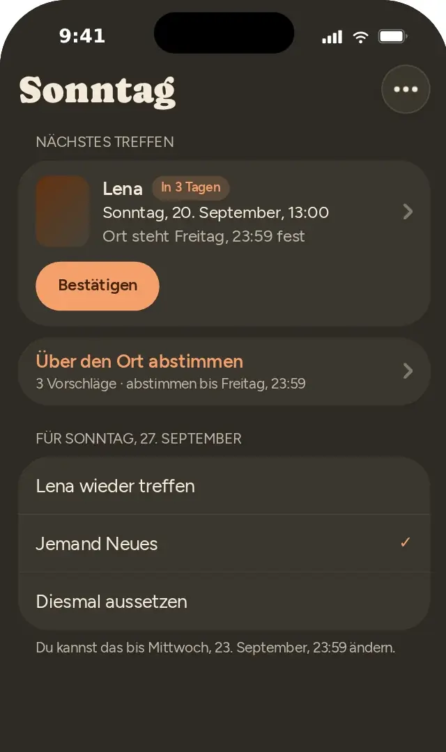 Der Sonntag-Tab der whole hour-App: das nächste Treffen mit Lena, die Abstimmung über den Ort und was du nächste Woche willst.