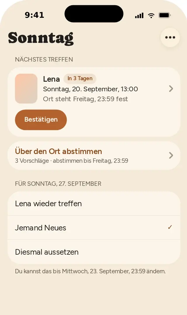 Der Sonntag-Tab der whole hour-App: das nächste Treffen mit Lena, die Abstimmung über den Ort und was du nächste Woche willst.
